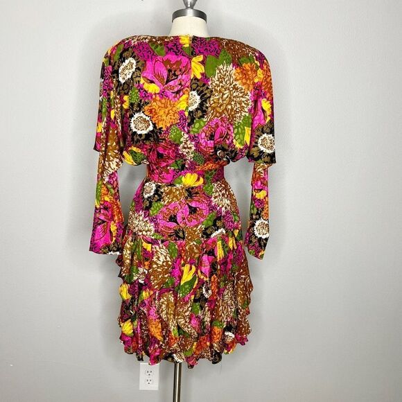 Vintage 80s GILLIAN Floral Silk Jacquard Dolman Ruffled Skirt DRESS Size S - Picture 5 of 11
